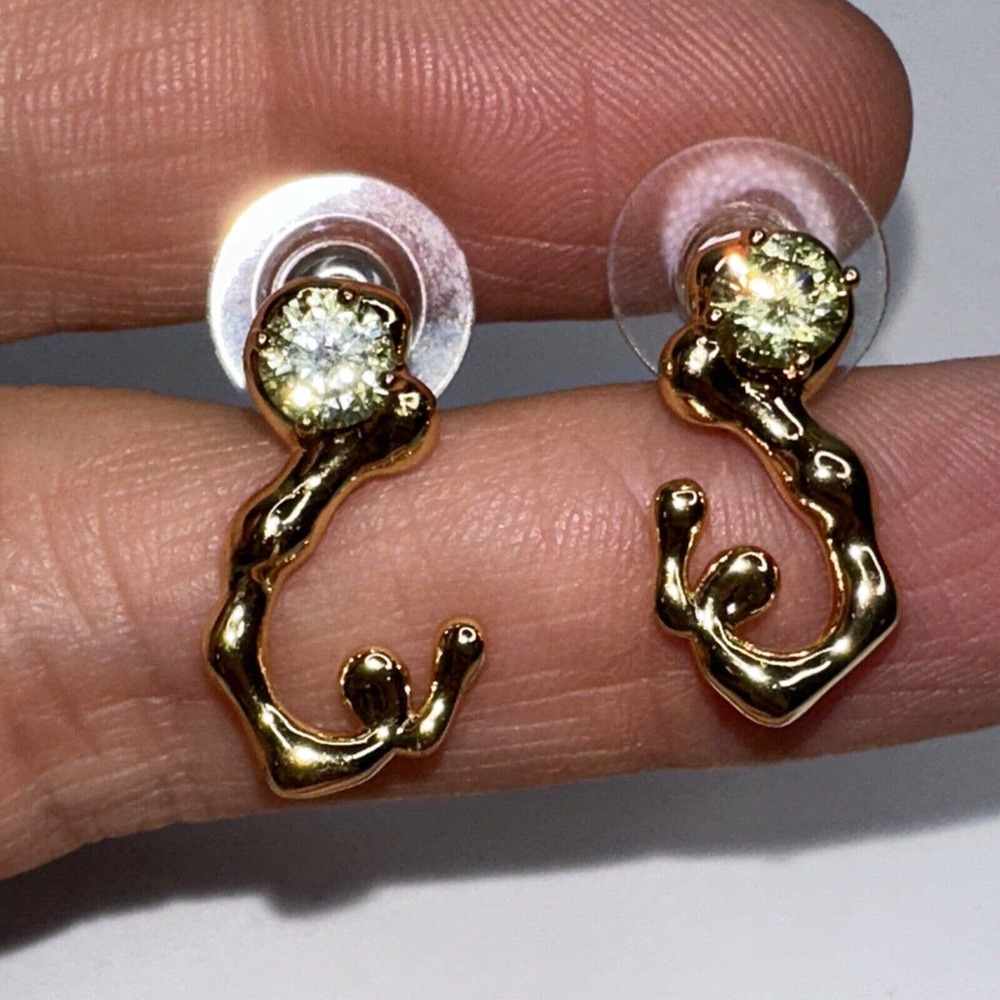 Gold Tone Abstract Free Form Earrings Green Glass Faceted Solitaire OHM Brand